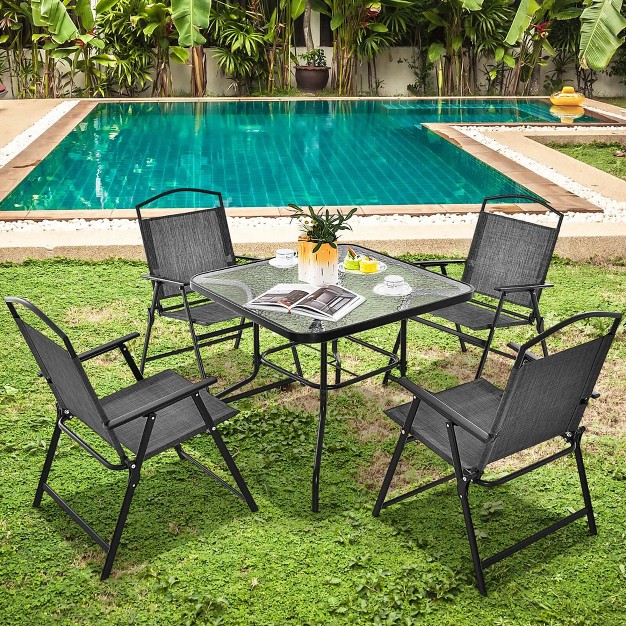 Costway Patio Dining Set For 4 Folding Chairs amp Dining Table Set With Umbrella Hole