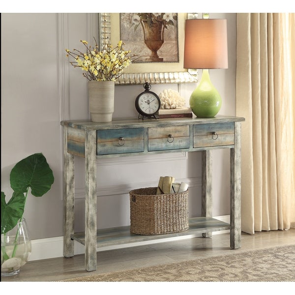 ACME Glancio Rectangular Console Table in Antique Gray and Teal