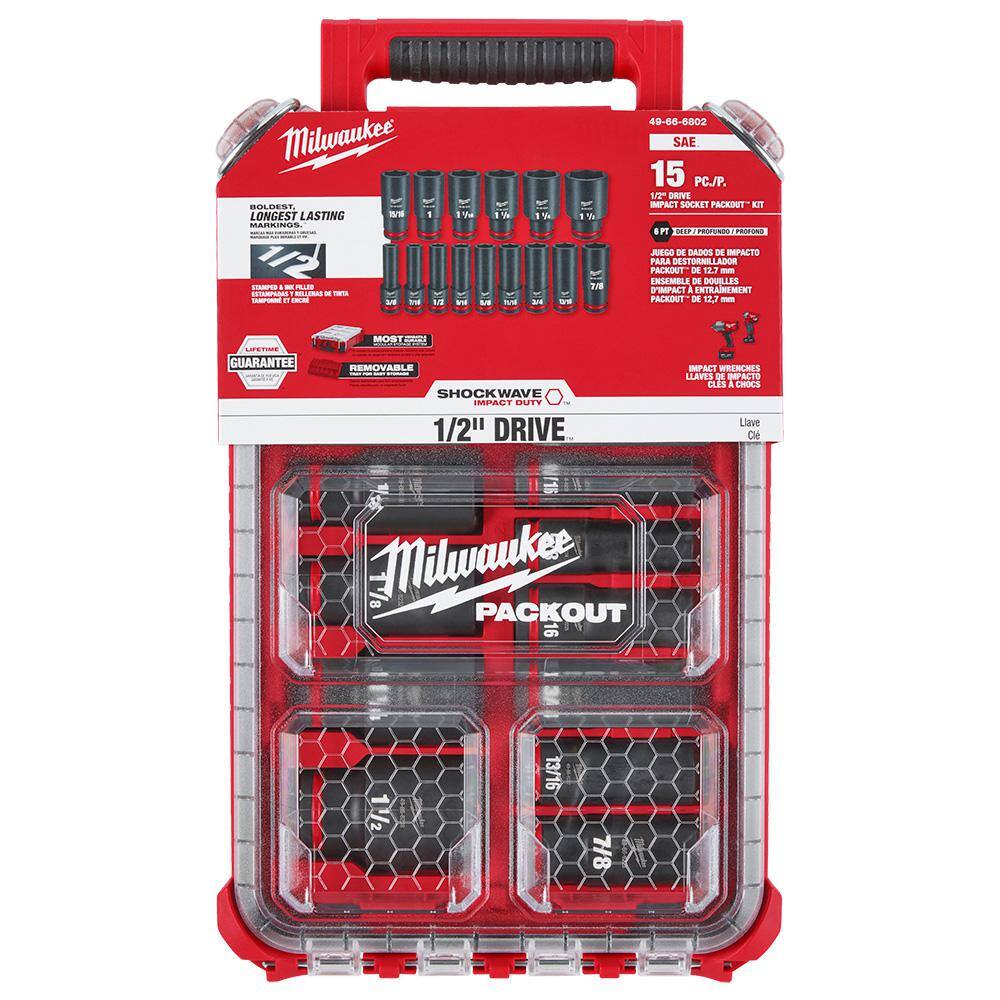 MW SHOCKWAVE 12 in. Drive SAE Deep Well PACKOUT Impact Socket Set  Screw Driver Bit Set wPACKOUT Case (85-Piece) 49-66-6802-48-32-5151