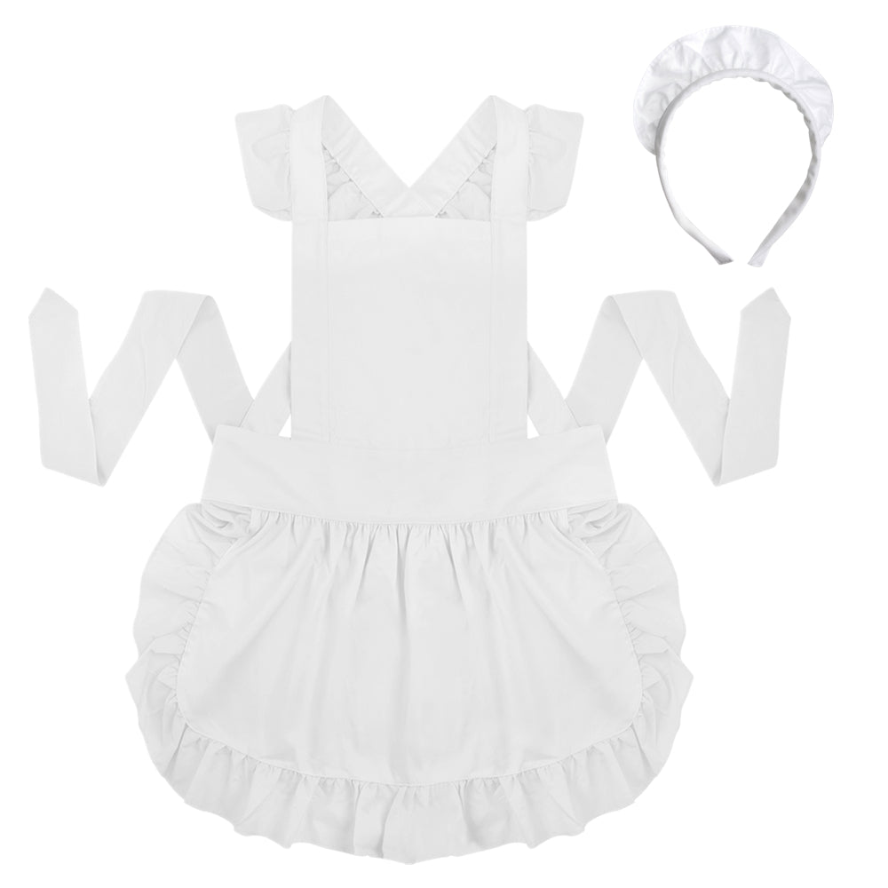 Toptie White Apron for Women with Headband， Christmas Cotton Kitchen Aprons， Maid Dress Up Costume