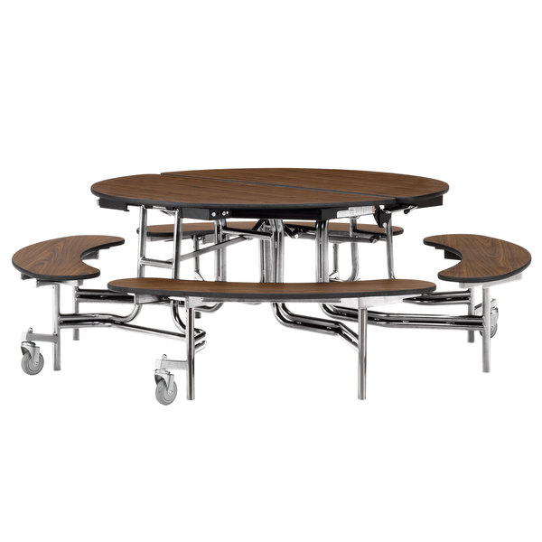 National Public Seating MTR60B-PWTMCR 60andquot; Round Mobile Plywood Cafeteria Table with Chrome Frame， T-Molding Edge， and 4 Benches