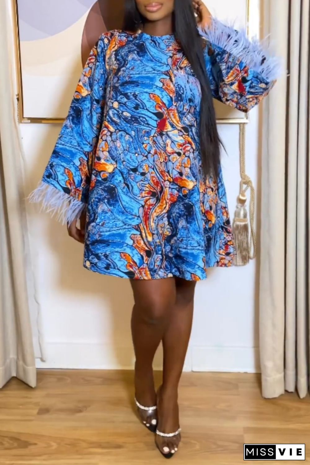 Casual Print Patchwork O Neck Long Sleeve Plus Size Dresses