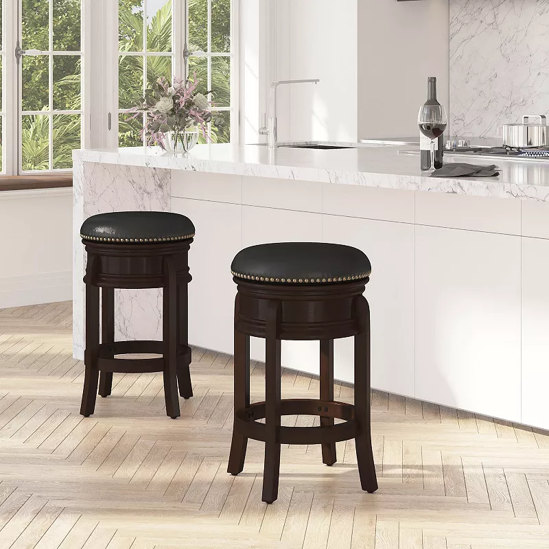 Merrick Lane Clara Backless Wooden Counter Stool with Faux Leather 360 Degree Swivel Seat