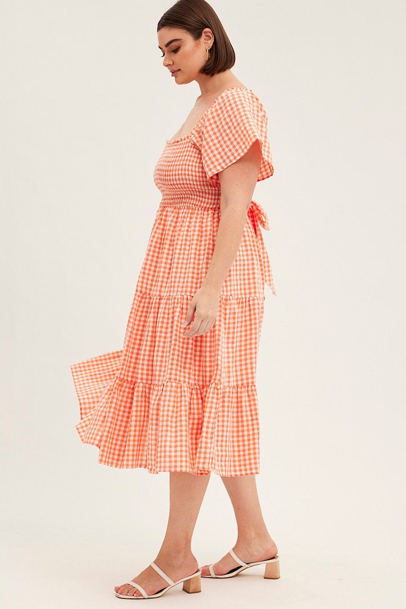 Check Midi Dress Off Shoulder Short Sleeve