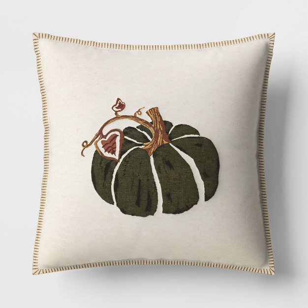 Printed Pumpkin With Blanket Stitch Edge Square Throw Pillow Light Beige