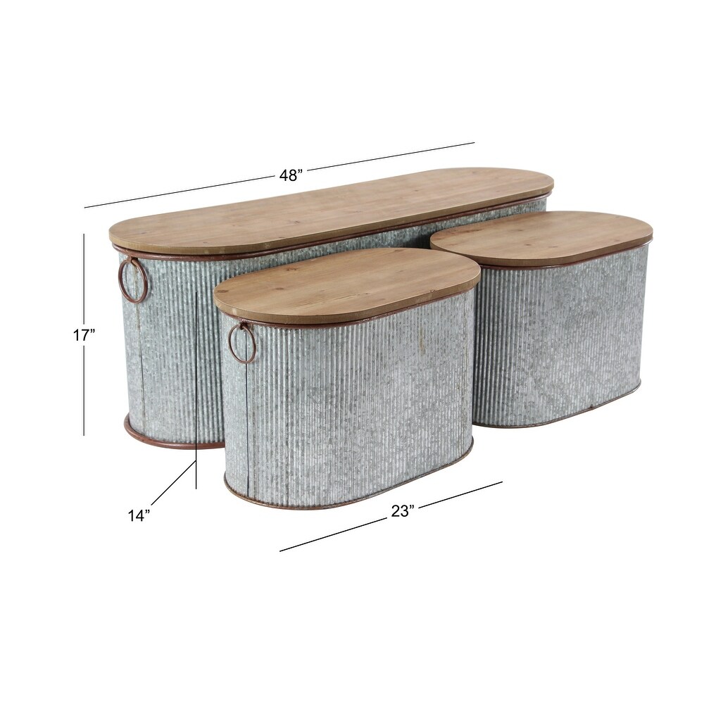 Brown Metal Storage Bench with Brown Wood Top (Set of 3)   48 x 16 x 17