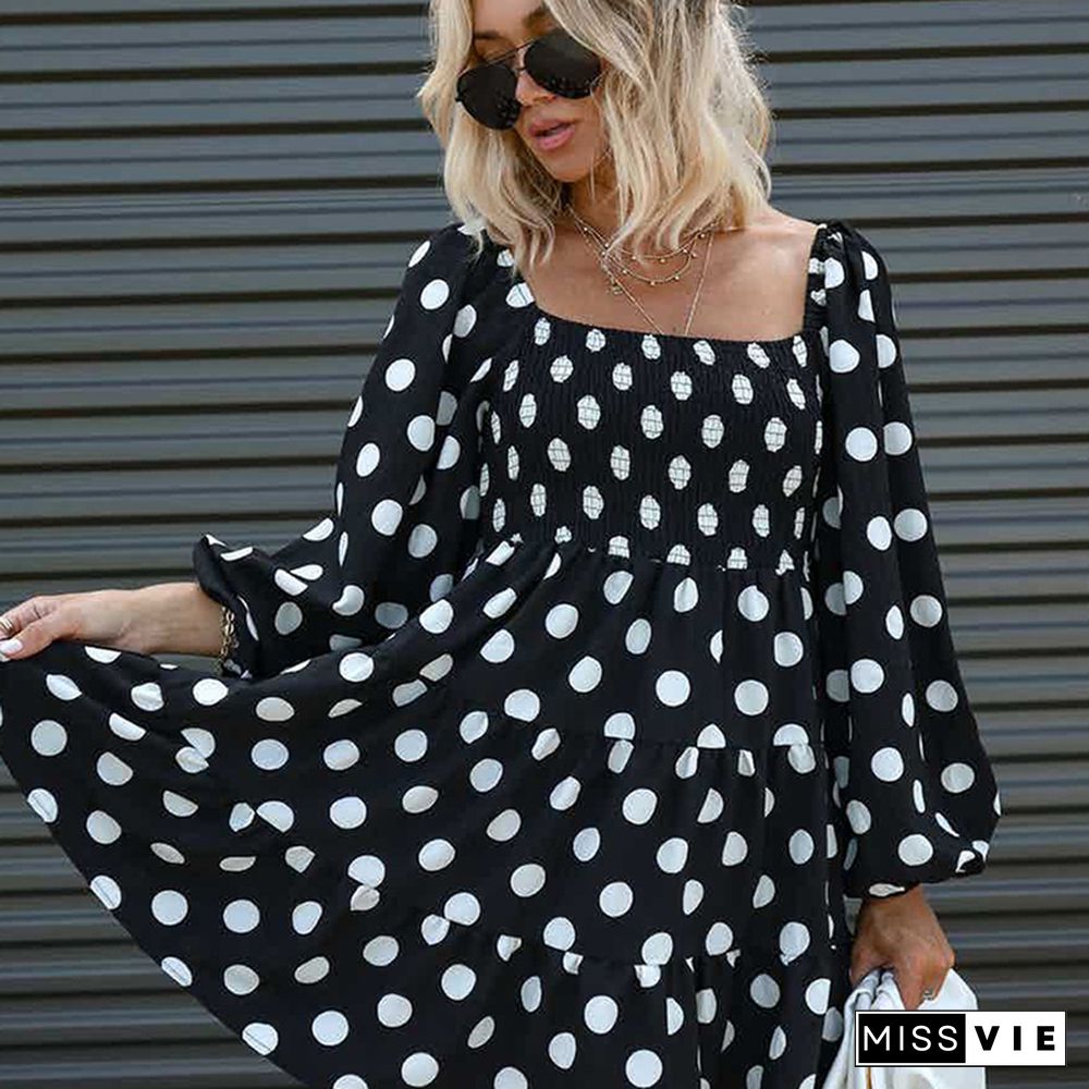 Autumn Elegant Street Ladies Square Collar Mini Dress Fashion Polka Dot Print Puff Sleeve Dress Retro Casual Loose Party Dresses