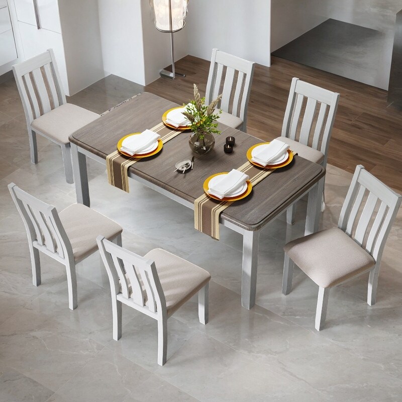 7 Piece Retro Style Dining Table Set with Extendable Table and 6 Upholstered Chairs  Brown+White