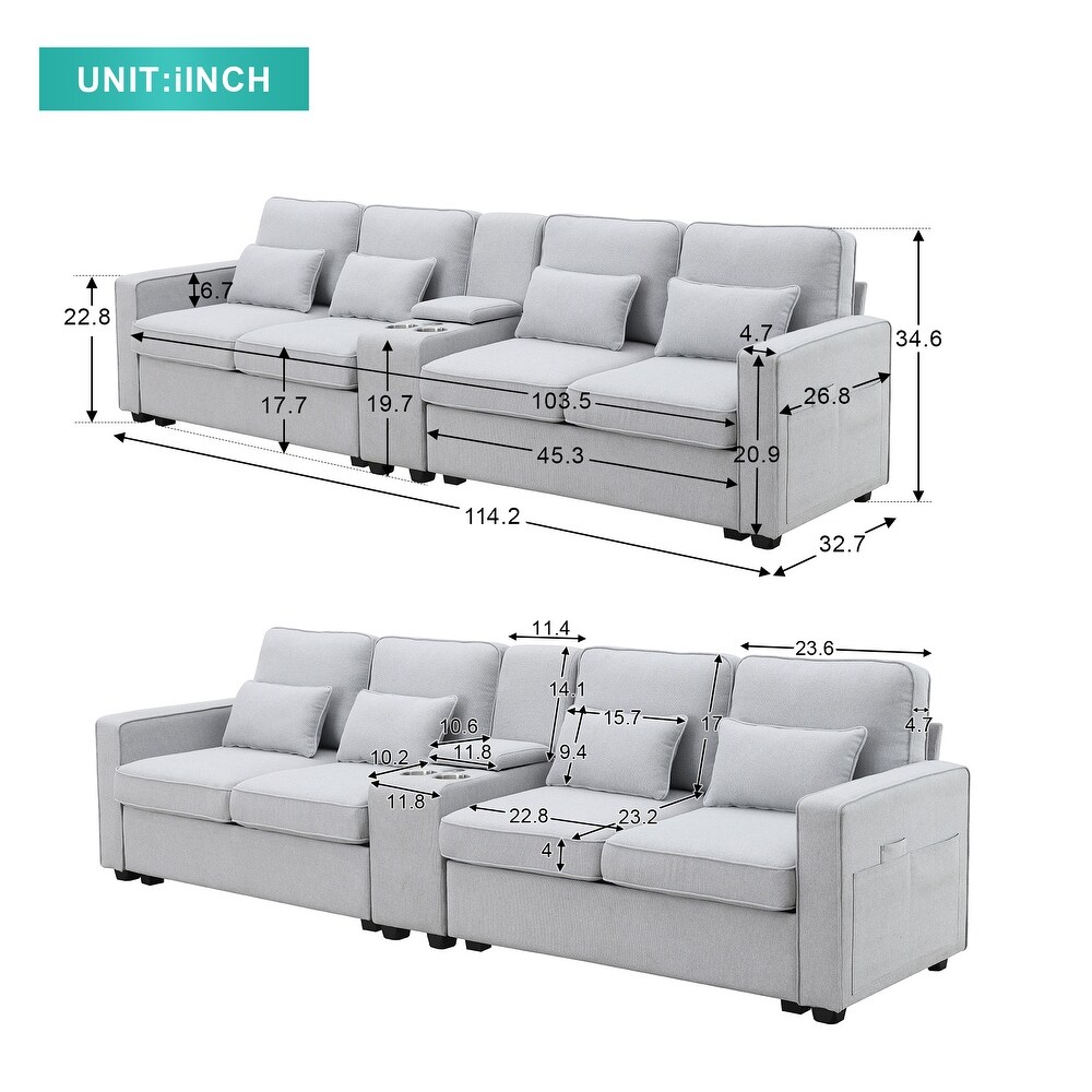 4 seat Linen Sofa Set Livingroom Couch w/ Pillows   USB Port   Pocket