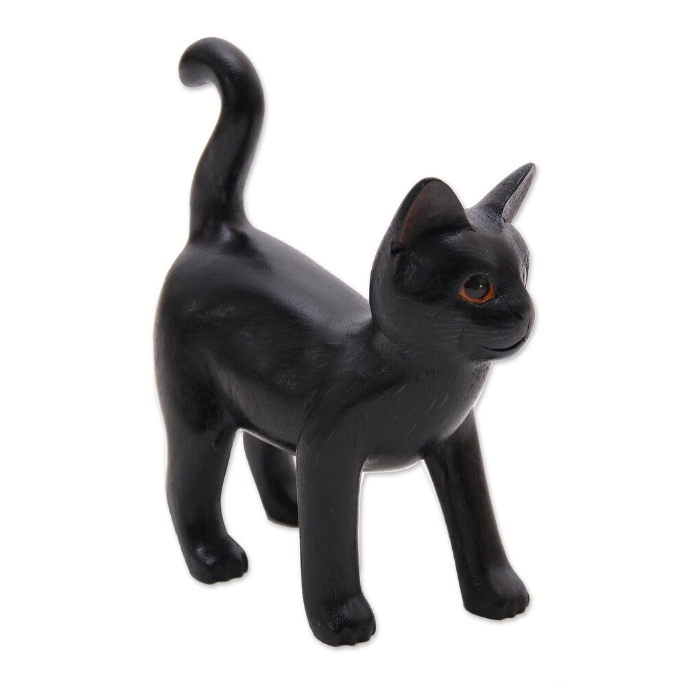 Handmade Curious Kitten In Black Wood Sculpture (Indonesia)   7.25\