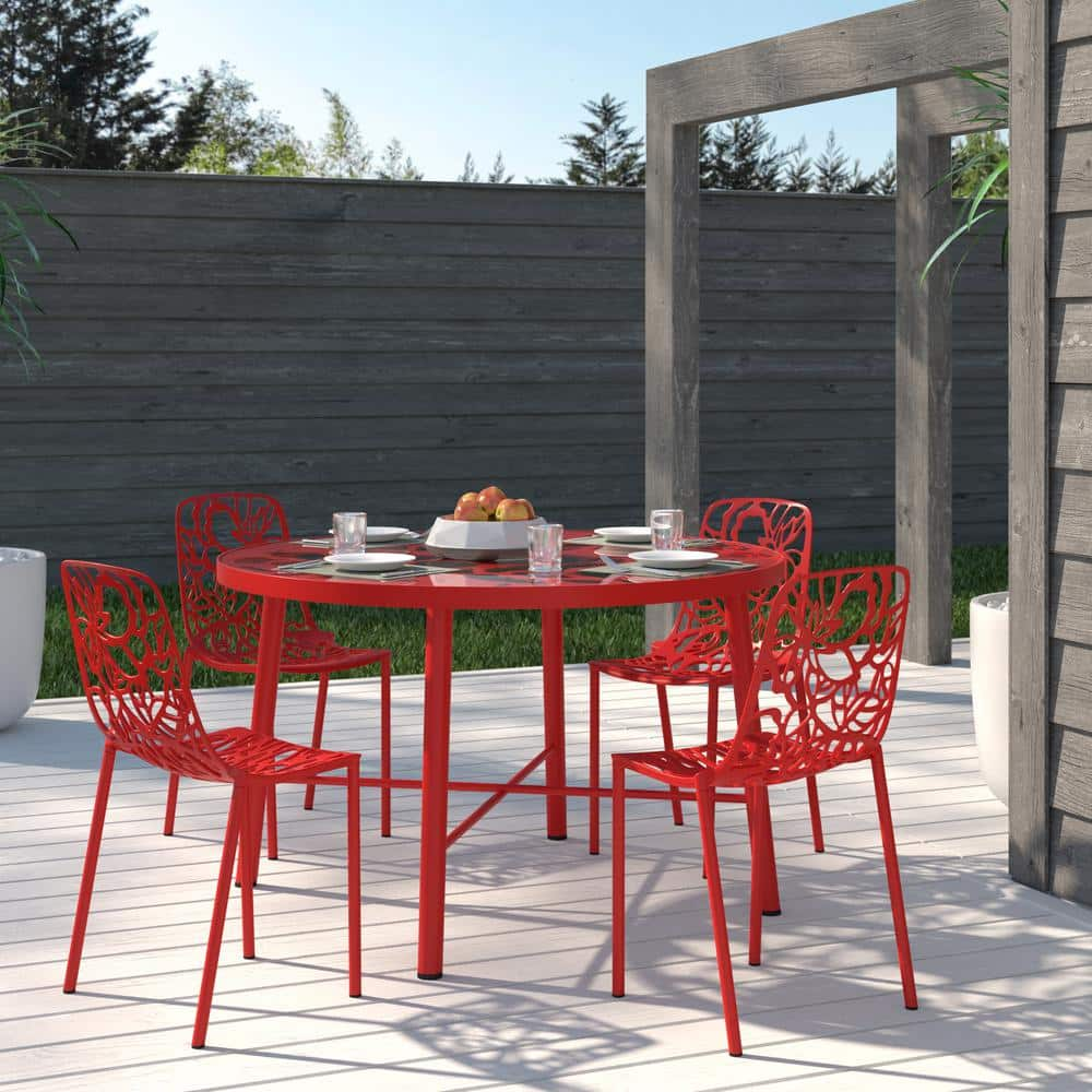 Leisuremod Red Devon Modern Outdoor Patio Stackable Aluminum Outdoor Dining Chair (Set of 4) DC23R4