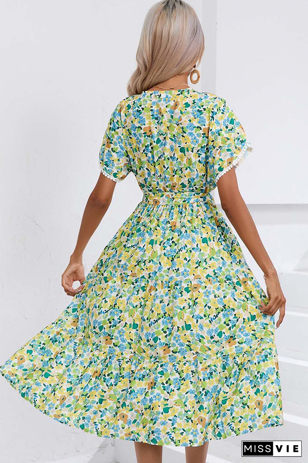 Wrap V Neck Tulip Sleeves Maxi Floral Dress