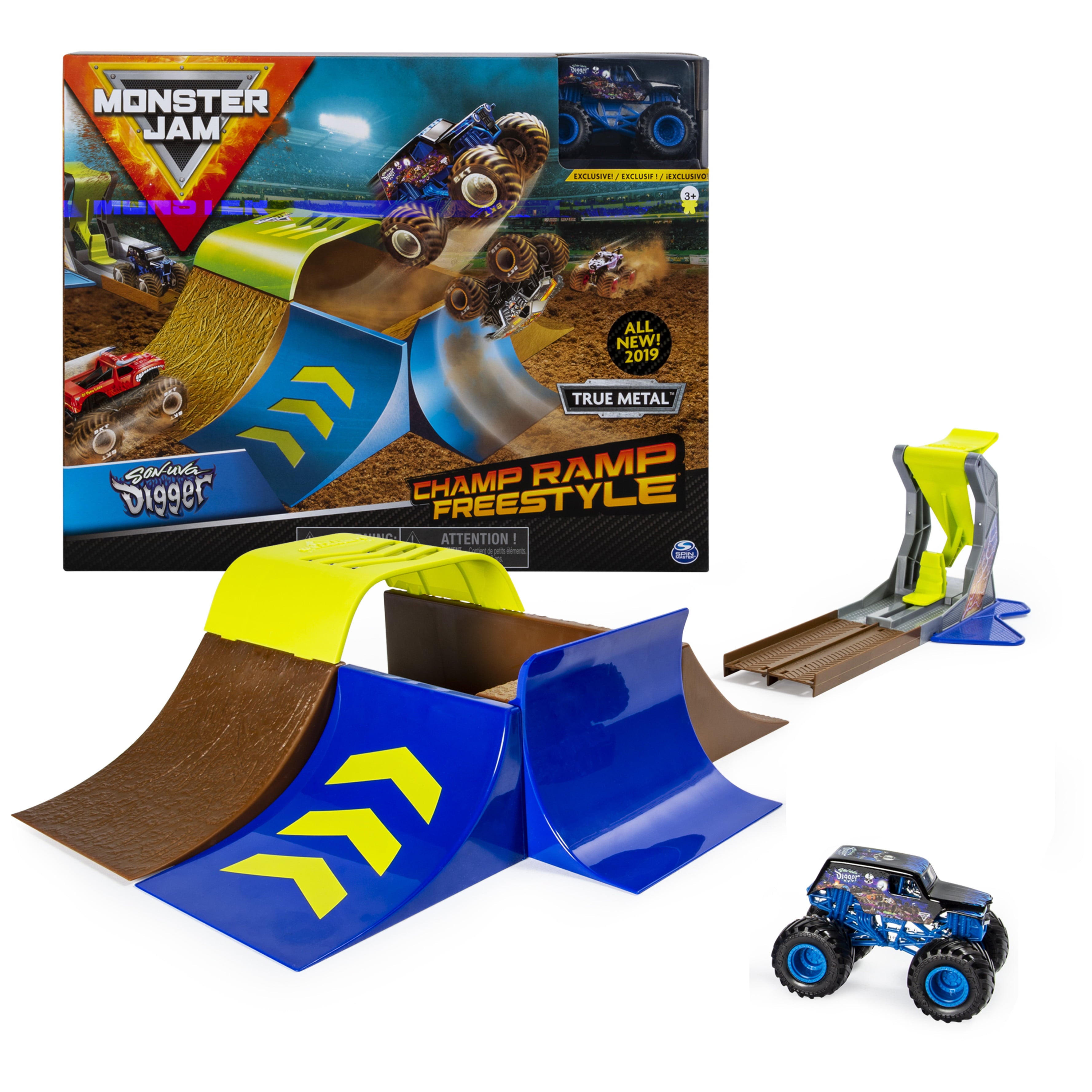 Monster Jam， Official Champ Ramp Freestyle Playset Featuring Exclusive 1:64 Scale Die-Cast Son-uva Digger Monster Truck， Kids Toys for Boys