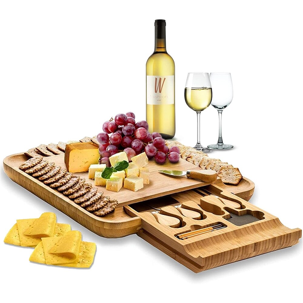 Bamboo Cheese Board   Cutlery Set with 4 Knives in Slide out Drawer   13.5\