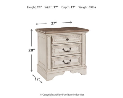 Signature Design by Ashley Realyn French Country 3 Drawer Nightstand with Electrical Outlets & USB Ports, Chipped White