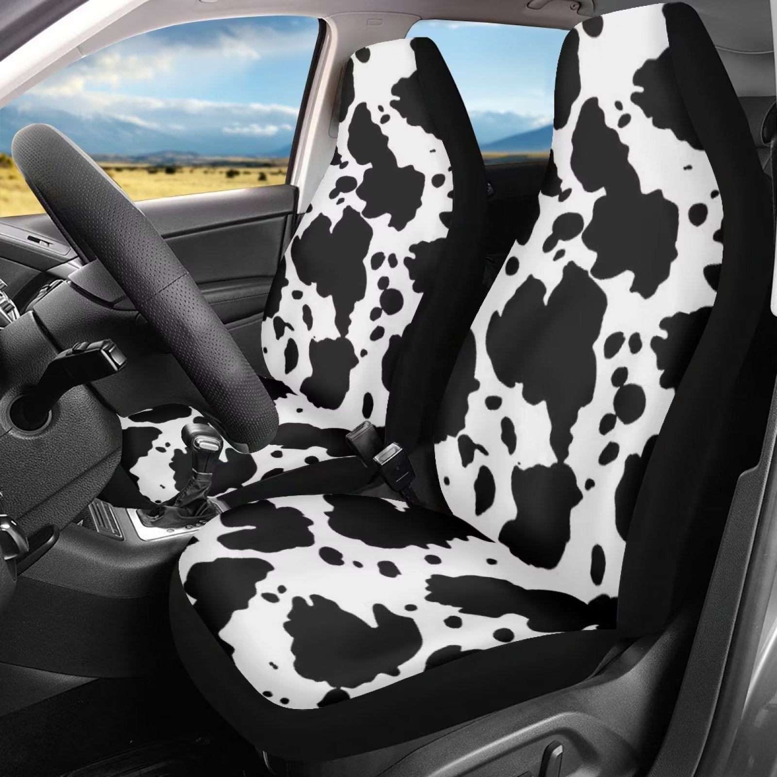 Diaonm Car Seat Covers Cow Print Novelty Design Black Decorative Set of 2 Auto Accessories Protectors Car Decor Universal Fit for Car Truck SUV