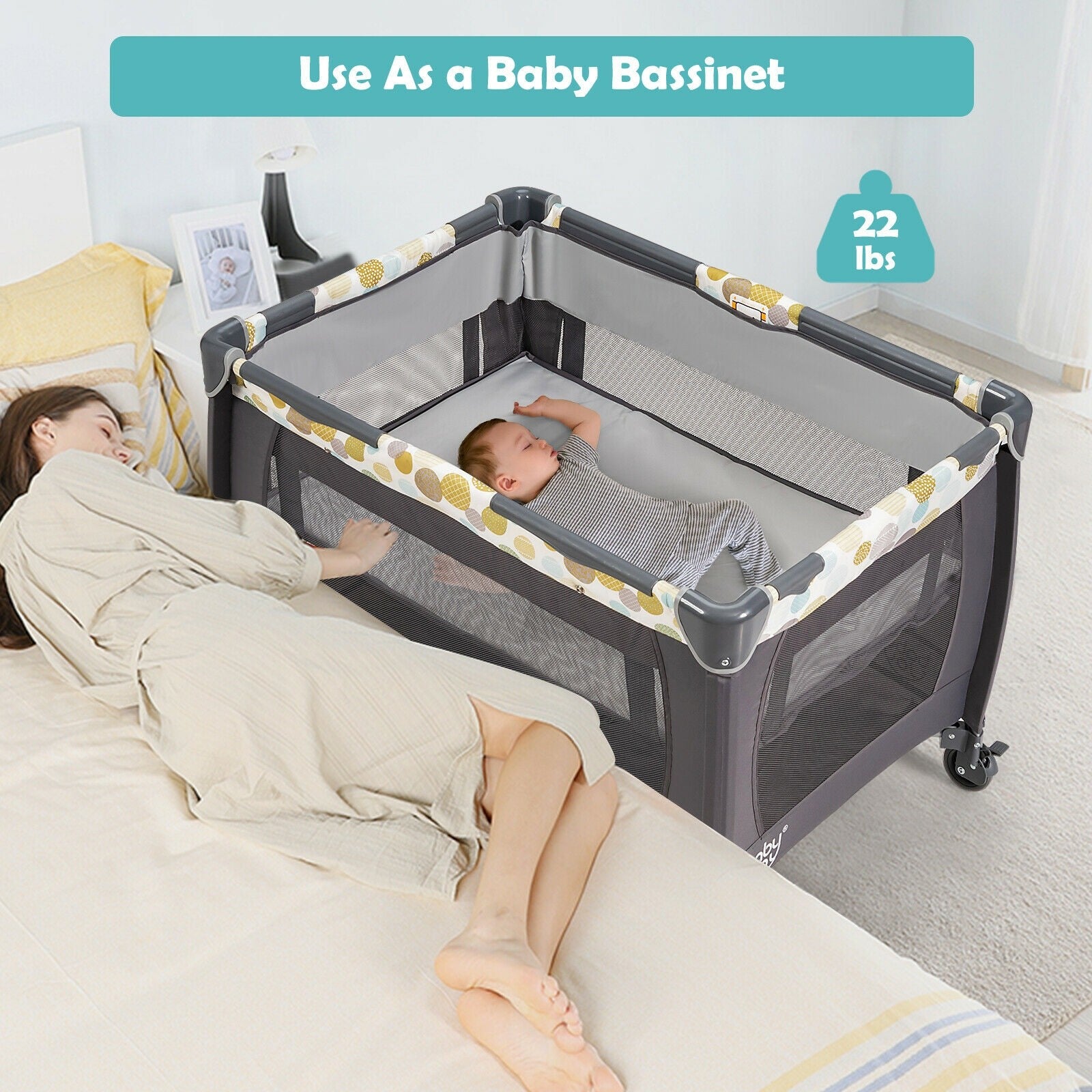 BABY JOY Nursery Center, 4-in-1 Portable Pack and Play w/ Cradle & Diaper Changing Table