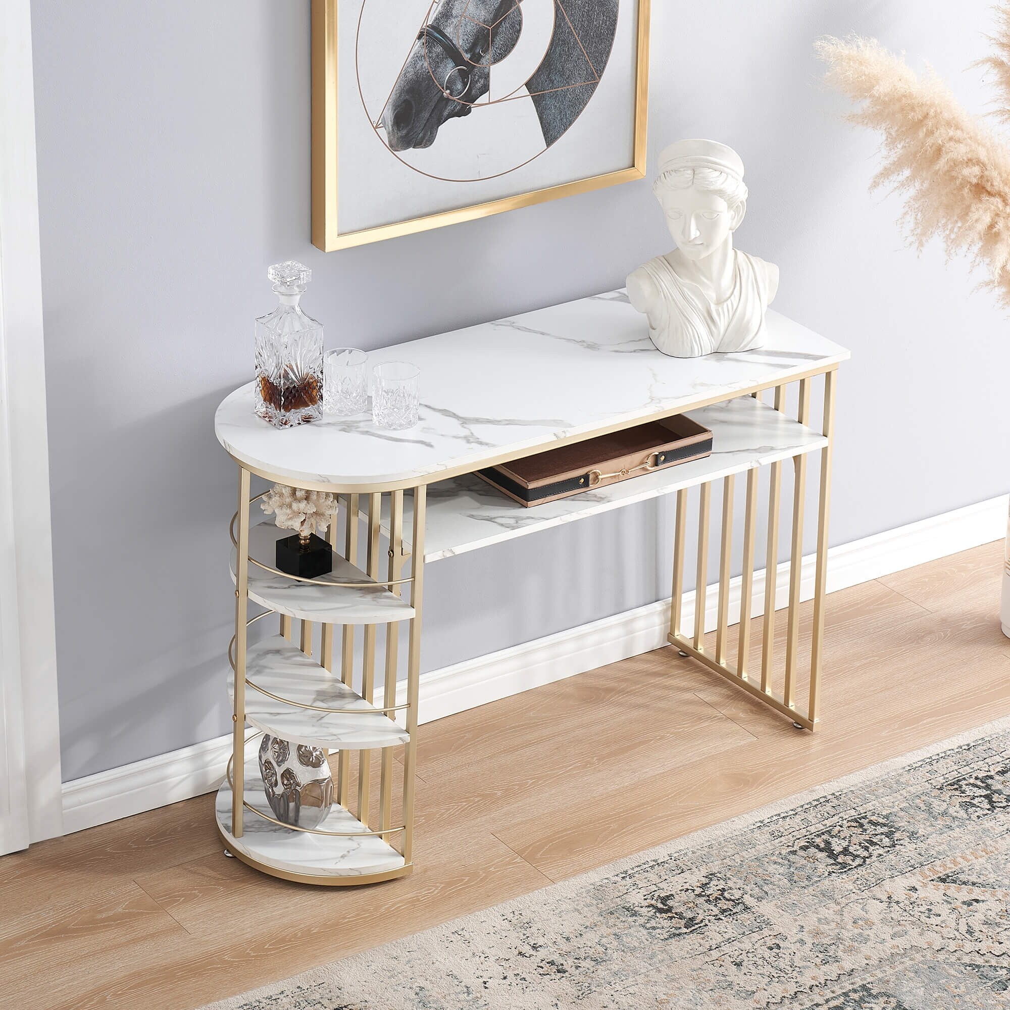 Ivinta Console Table with Storage， White Gold Entryway Table with Shelves， Gold Sofa Table for Living Room， Hallway