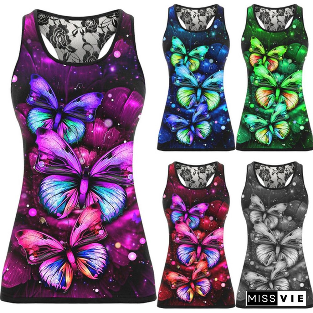 Summer Fashion Women Sleeveless Shirts 3D Butterfly Print Lace Racerback Vest Tank Tops Sports Workout Tank Tops Plus Size