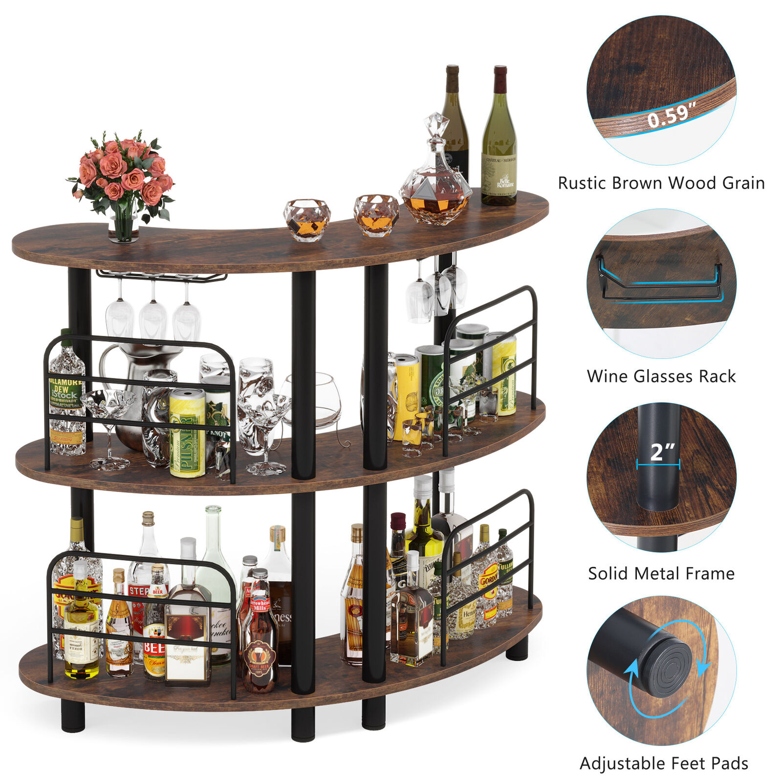 Tribesigns Bar Unit for Liquor 3 Tier Bar Table with Shelves and Wine Glasses Holder for Home Kitchen Rustic Brown