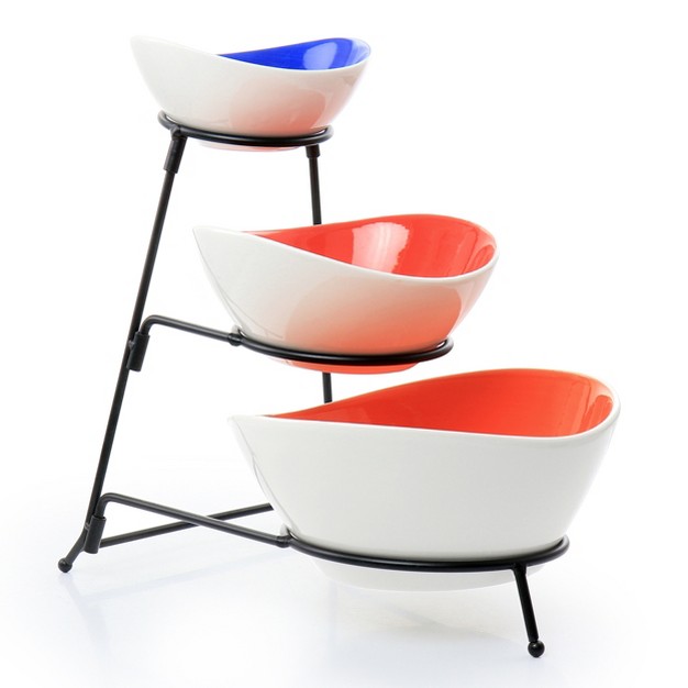 Gibson Home Crenshaw 4 Piece Hand Painted Stoneware 3 tier Serving Bowl Set With Metal Rack