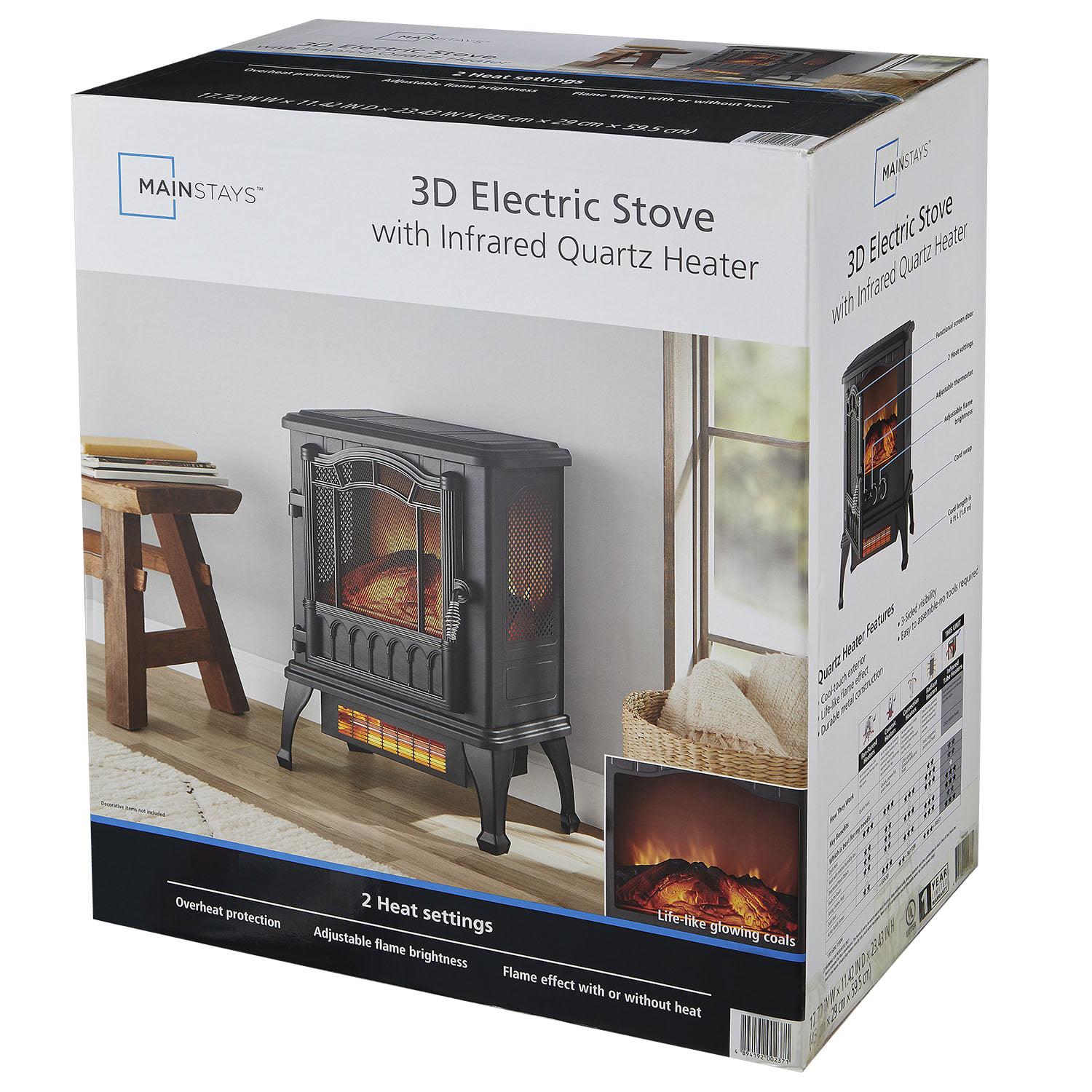 Mainstays Black 1500w 2-Setting 3D Electric Stove Heater with Life-like Flame