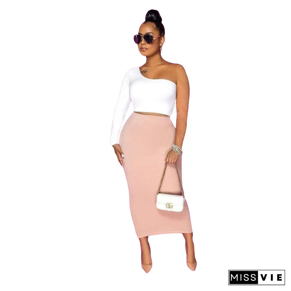 Long Sleeve One Shoulder Solid Crop Top Skirt Set