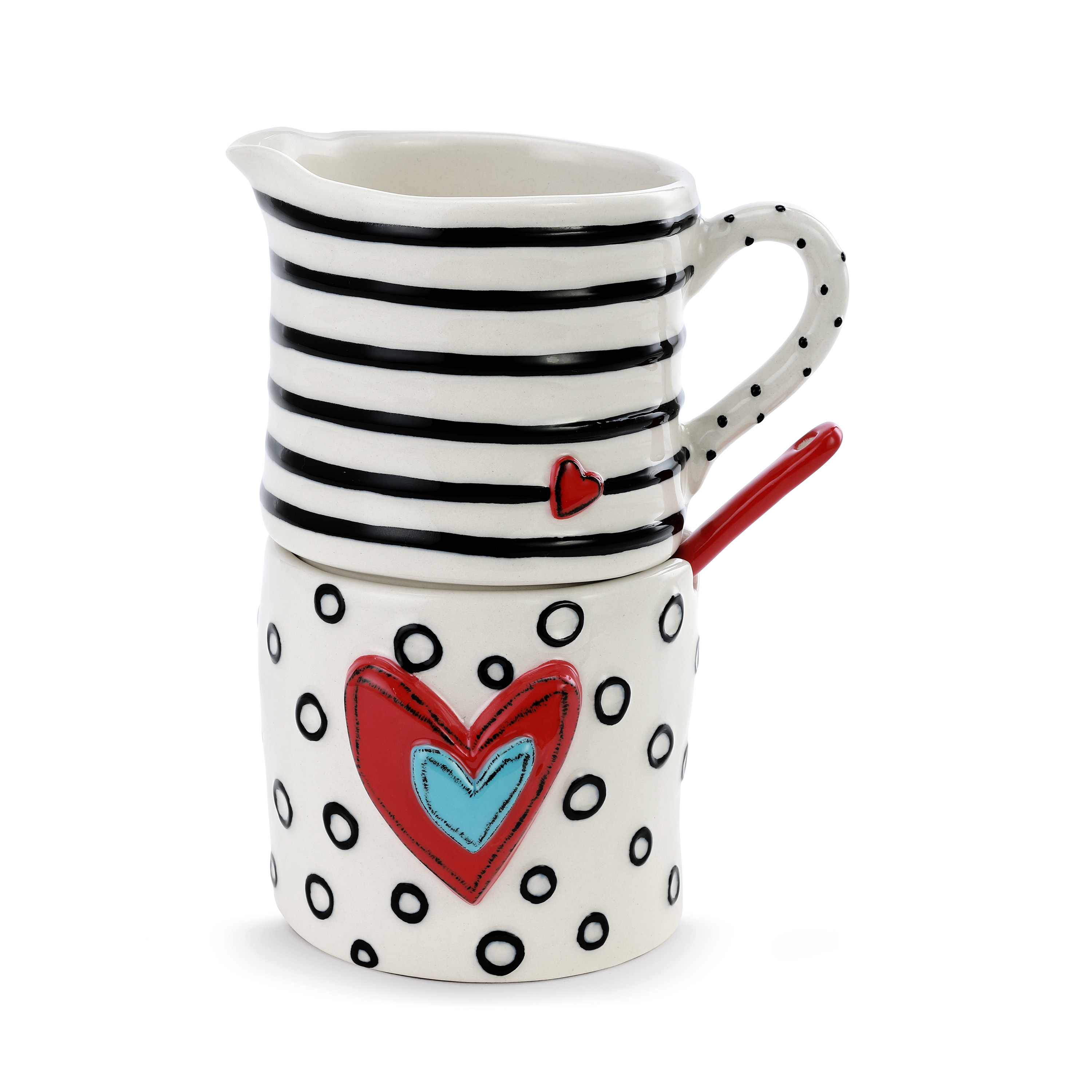 Heart Black and White 16 ounce Ceramic Stoneware Cream and Sugar Stacker