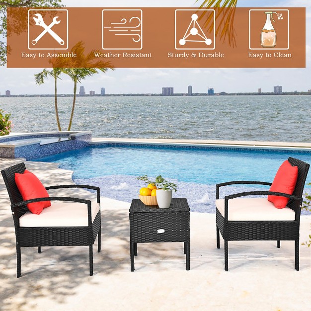 Costway 3pcs Patio Rattan Furniture Set Storage Table Cushioned Sofa Deck Red turquoise white