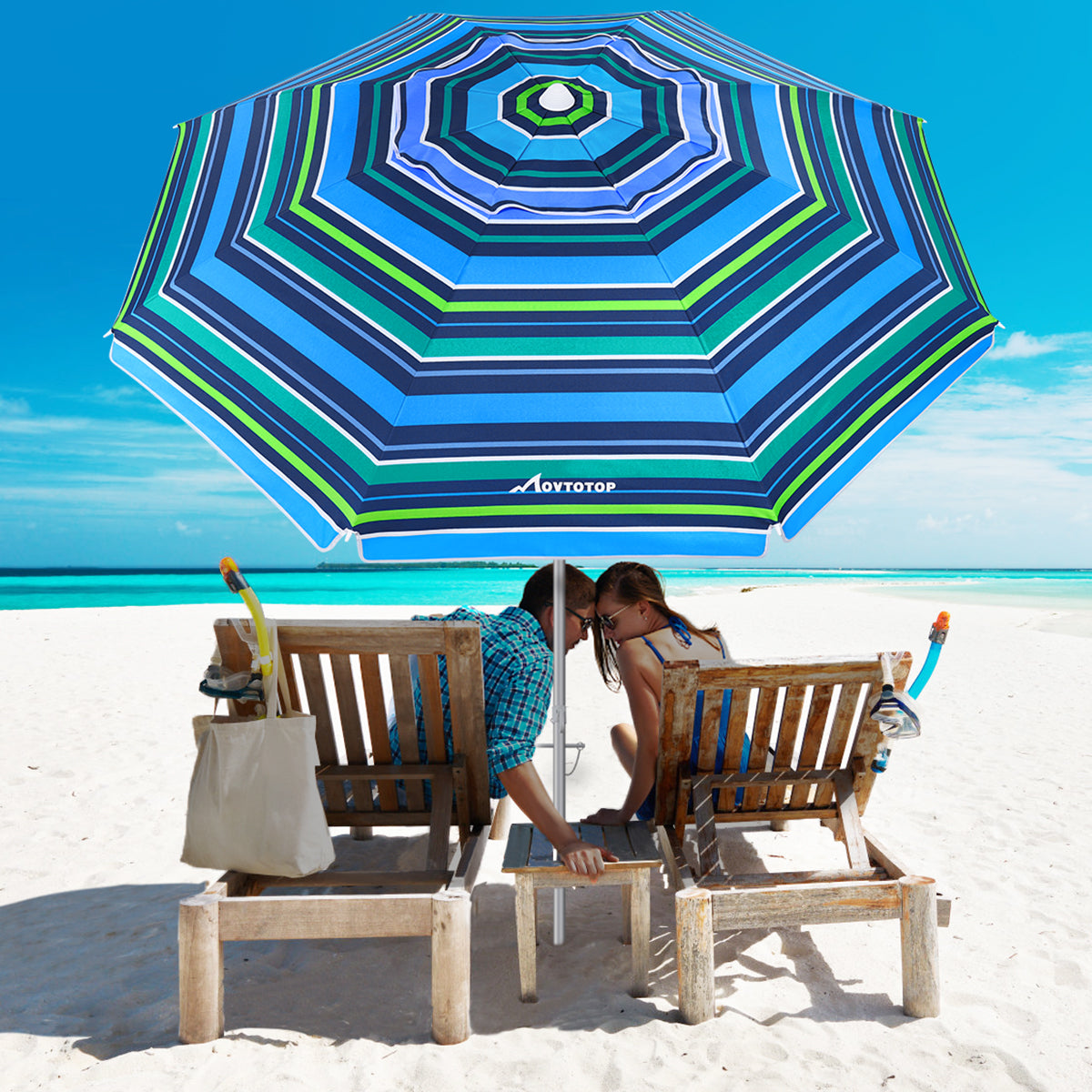 MOVTOTOP 6.5ft Beach Umbrella Striped Sun Shelter UV for Beach Travel