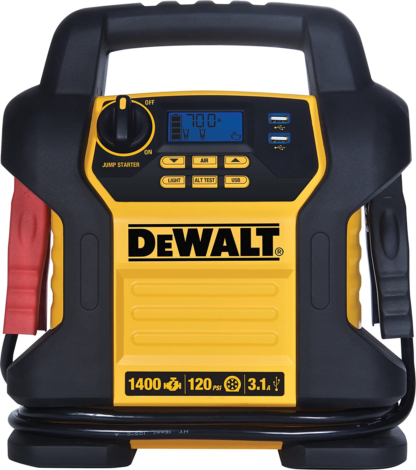 DEWALT DXAEJ14 Digital Portable Power Station Jump Starter， 1400 Peak/700 Instant Amps， 120 PSI Air Compressor， 3.1A USB Ports， Battery Clamps