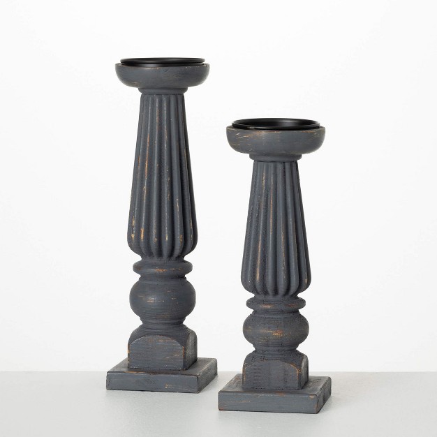 amp 11 25 quot Ribbed Cool Gray Candle Holders Set Of 2 Wood