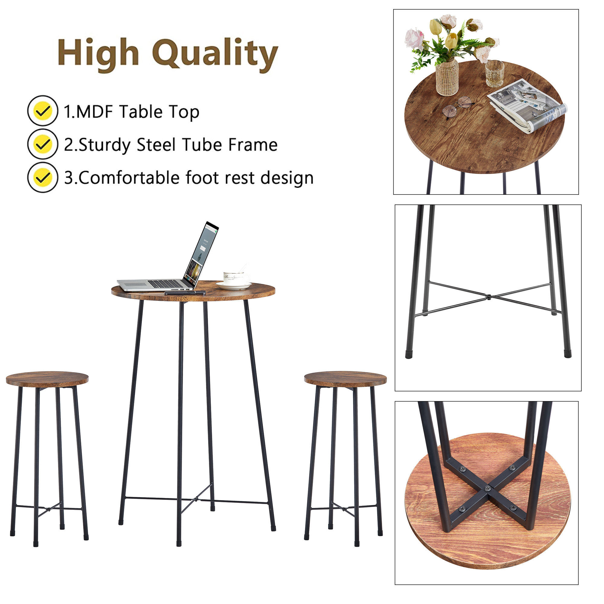 VECELO 3-Piece Bar Table Set with 2 Stools， Space Saving Round Pub Table Set for Breakfast Nook， Bistro， Dining Room， Kitchen， Brown