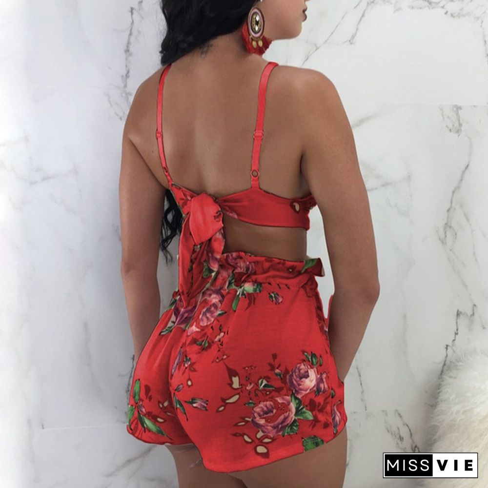 Europe Style Women Floral Print Sexy Crop Top And Shorts Summer Outfits