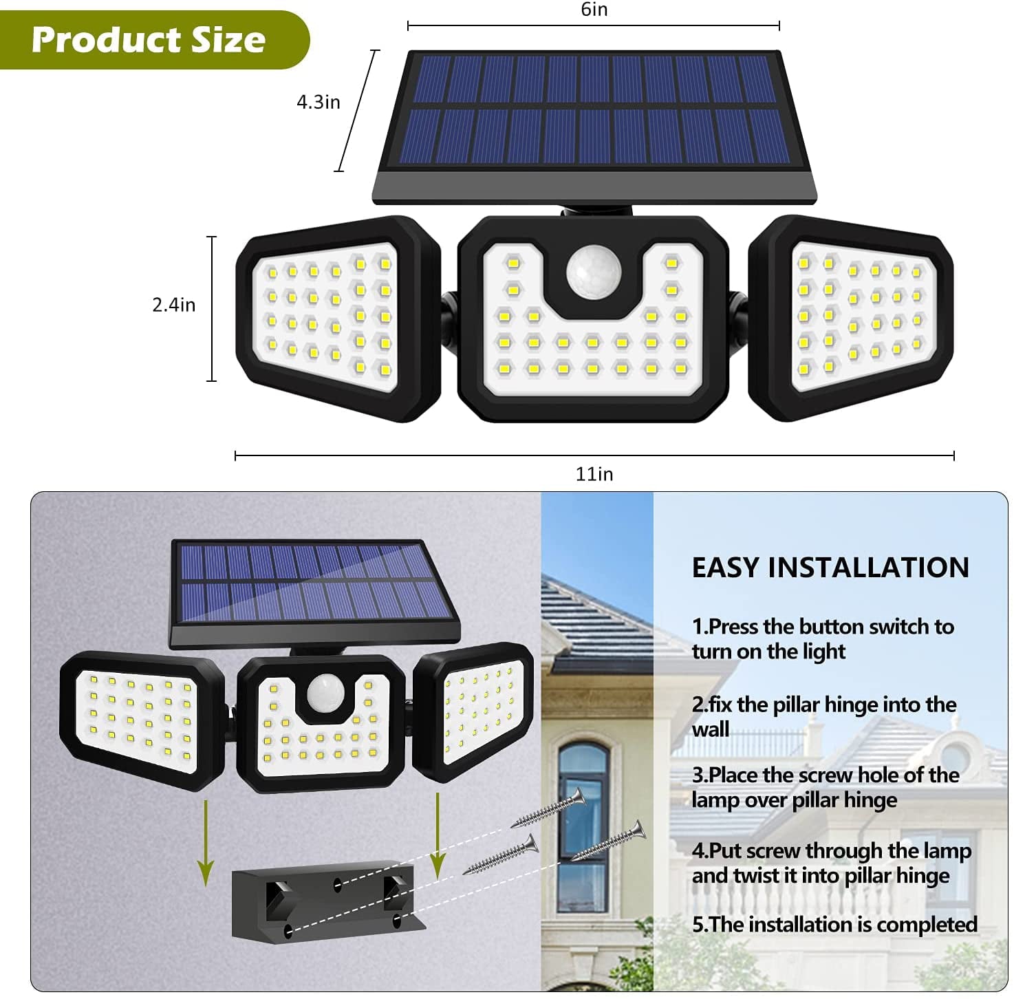 Solar Lights Outdoor， 2Pcs Solar Security Lights Motion Sensor Outdoor Flood Lights， Solar Porch Shop Light 270° Wide Angle Illumination，3 Heads Adjustable IP65 74 LEDs for Home Garden Patio Yard