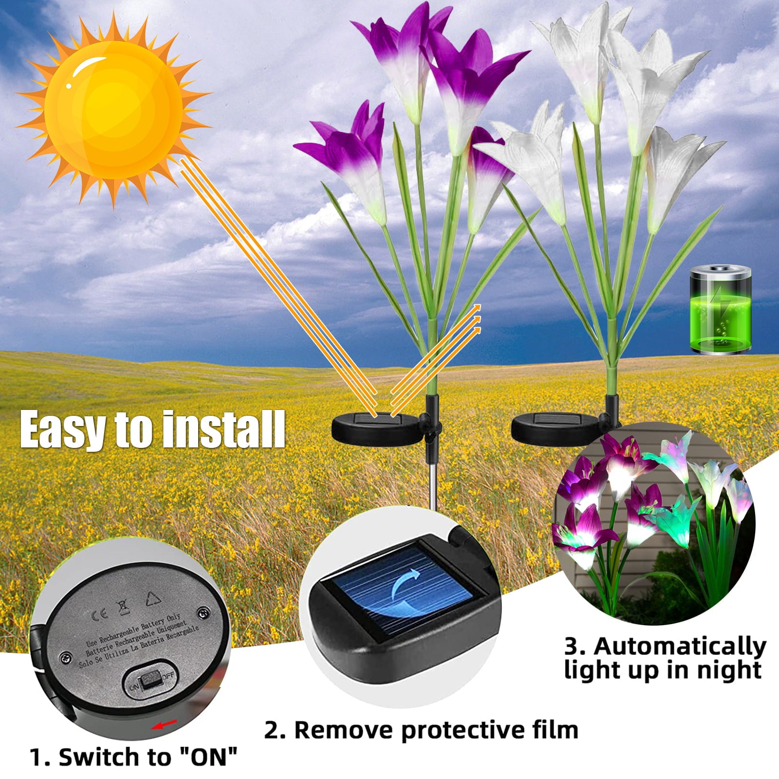 2pcs Outdoor Solar Garden Stake Lights， TSV Solar Powered Lights with 8 Lily Flowers， Multi-Color Changing LED Solar Decorative Lights for Garden Patio Backyard Decorations， Purple and White