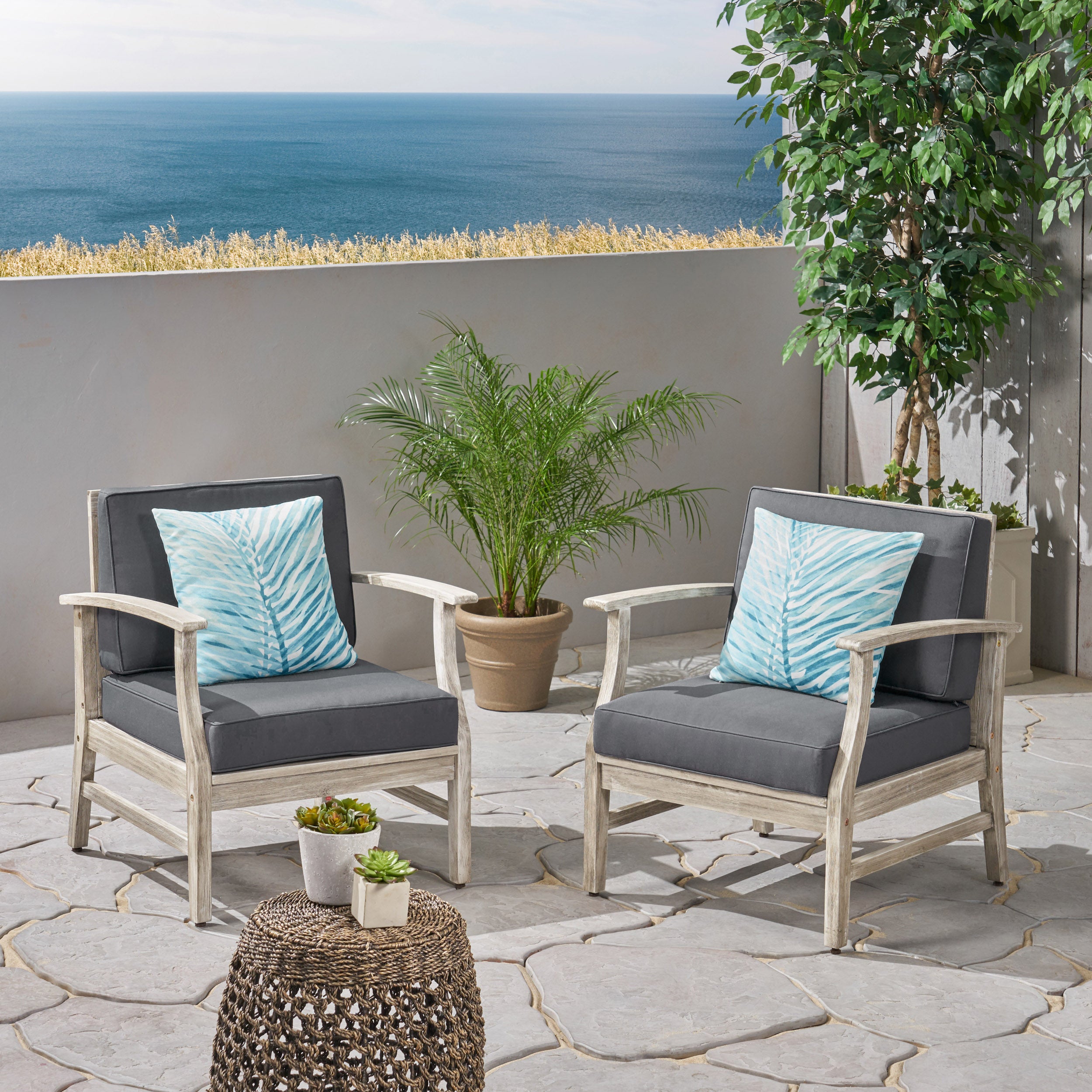 Fanny Outdoor Acacia Wood Club Chairs with Cushions (Set of 2), Light Gray and Dark Gray