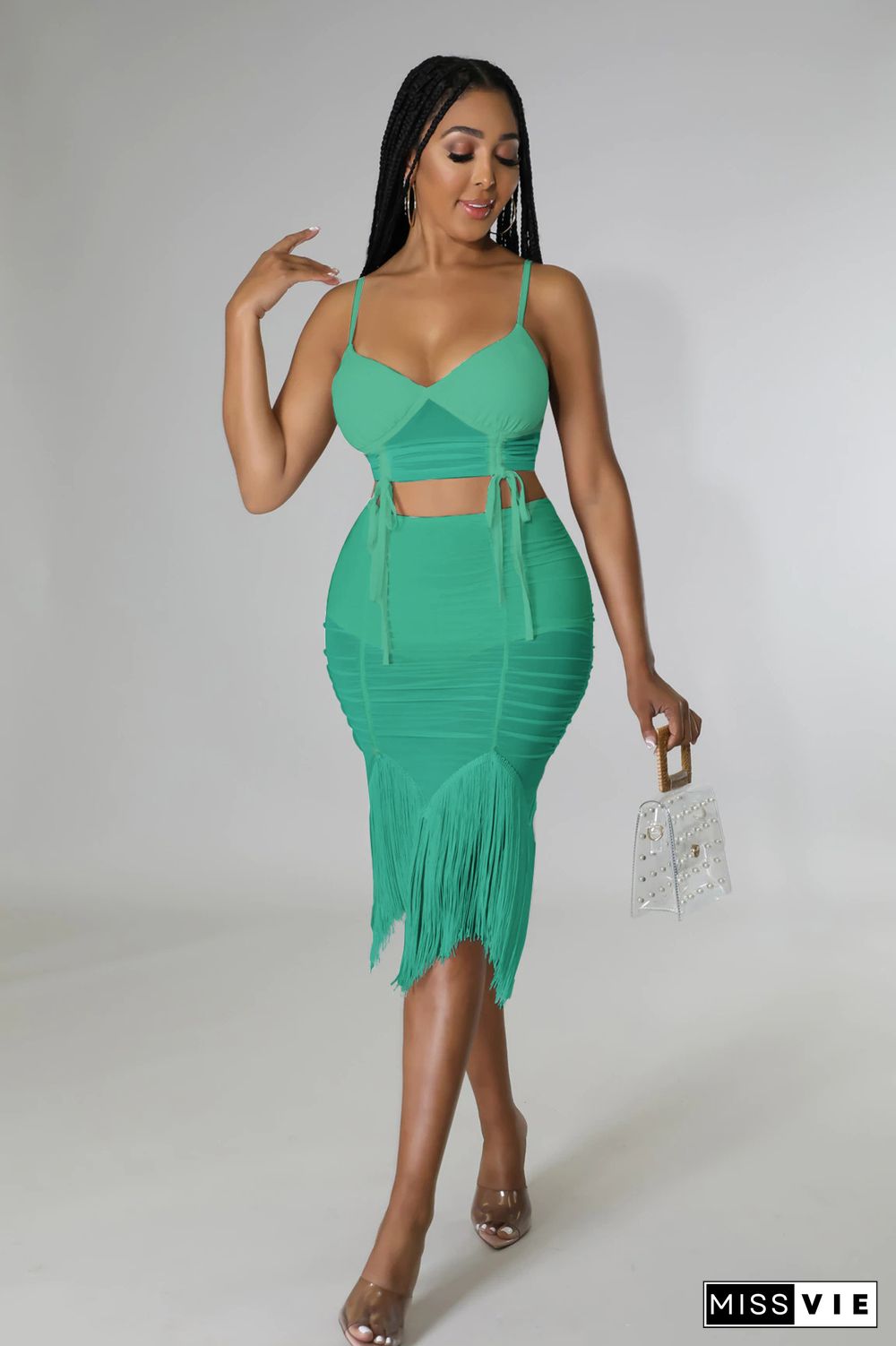 Camisole Crop Top Ruched Sheer Mesh Tassel Skirts Set