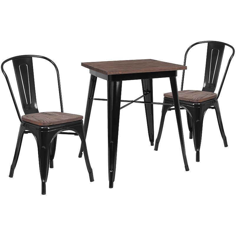 Emma and Oliver 23.5 Square Black Metal/Wood Table Set - 2 Stack Chairs