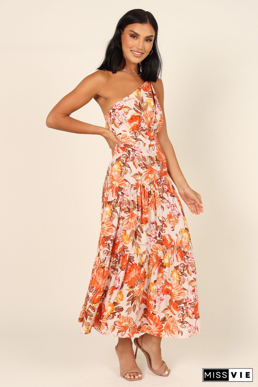 Orange Floral Print Pleated One Shoulder High Waist Maxi Dress