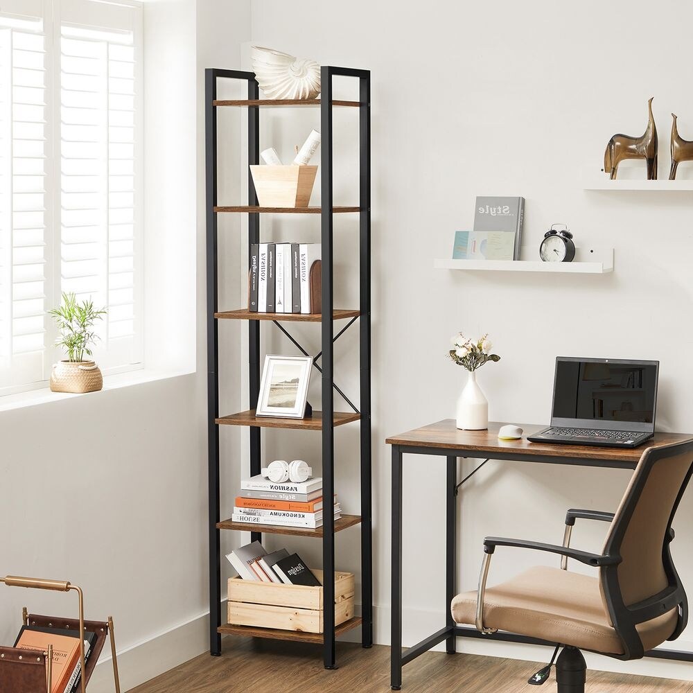 Bookshelf  Narrow Bookcase  Small Multi Tier Bookshelf  Rustic Brown and Black