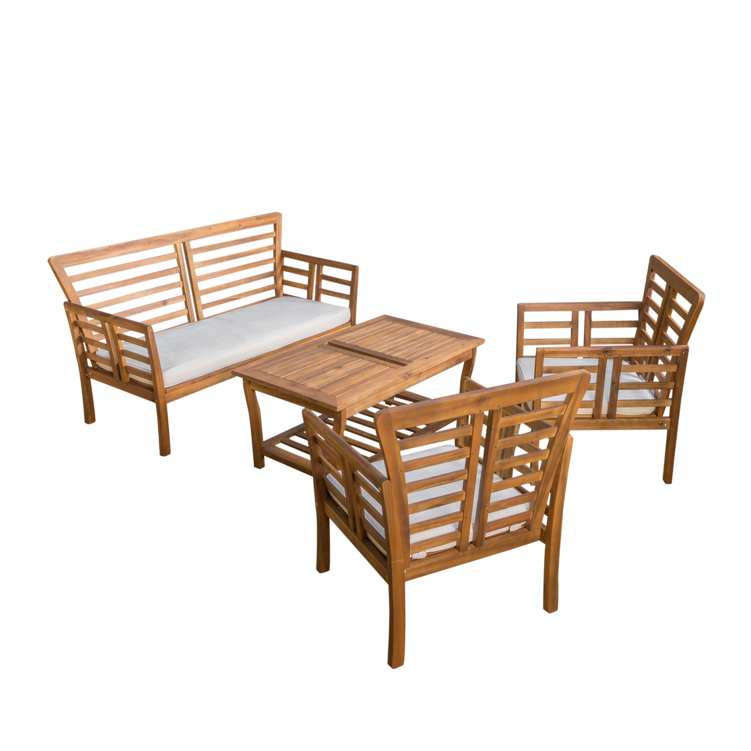 Louis Outdoor 4-piece Solid Wood Chat Set with Cushions