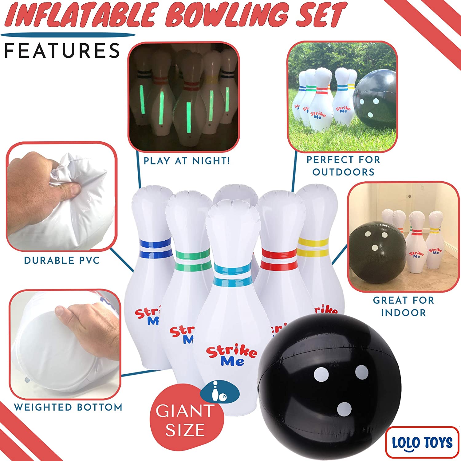 New LoLo Toys Inflatable Bowling Set, 6 Huge Life Size Large Jumbo 24 inch Pins and Extra Big 24 inch Ball, 1 Pump, Scorer Board, 1 Mesh Bag, Vinyl Patch, Glow Tape