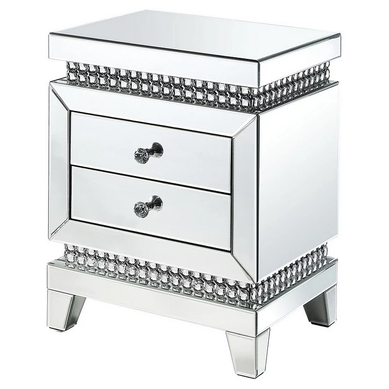 2 Drawer Mirror Inlay Accent Table with Faux Crystal Accents， Silver