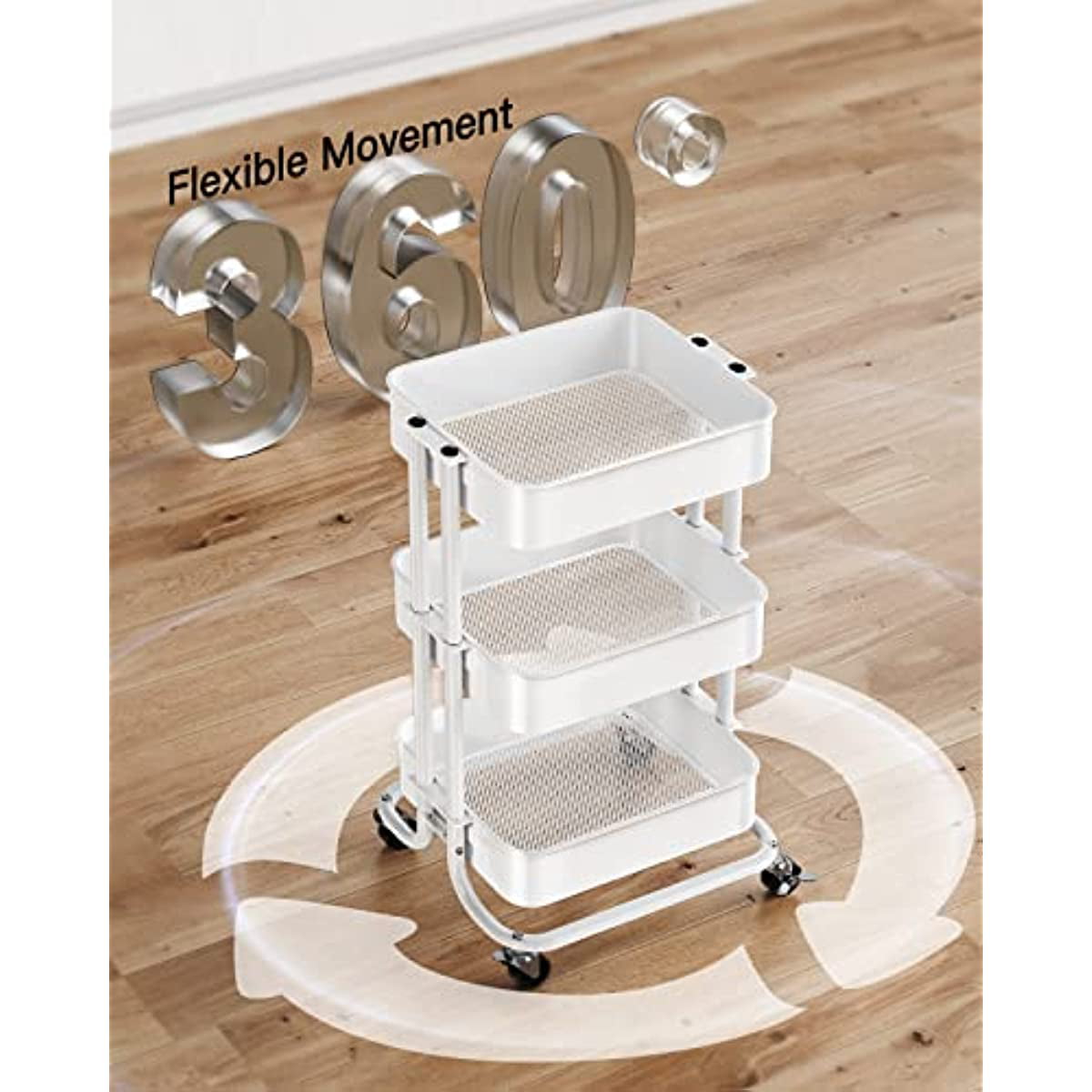 Metal Rolling Utility Cart 3-Tier， Heavy Duty Storage Cart with 2 Lockable Wheels， Multifunctional Mesh Organization Cart for Kitchen Dining Room Living Room (White)