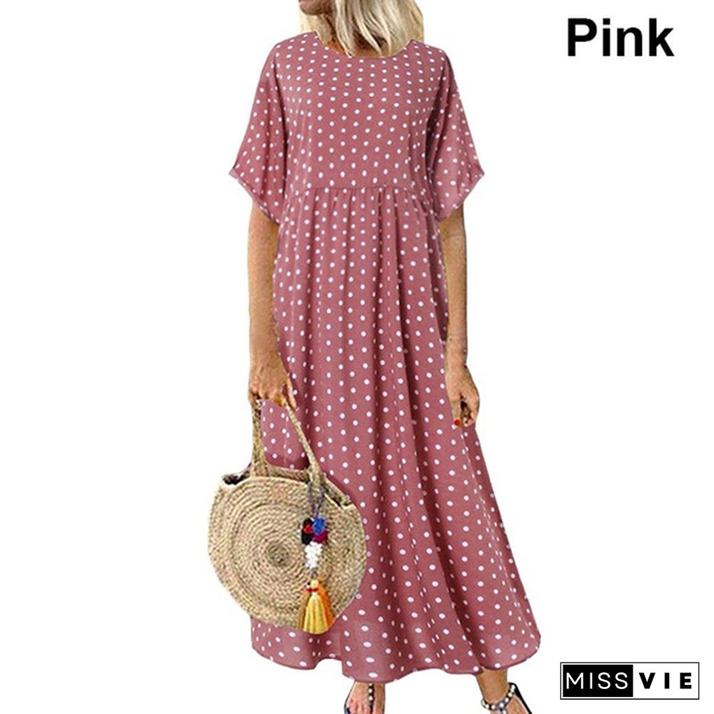 Women Summer Retro Polka Dot Printed Long Dress Casual Loose O-neck Short Sleeve Tunic Dress Maxi Dress Vestidos S-5XL