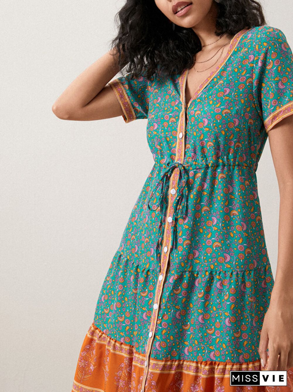 Bohemian Floral Print Drawstring Waist Button V-neck Chiffon Dress