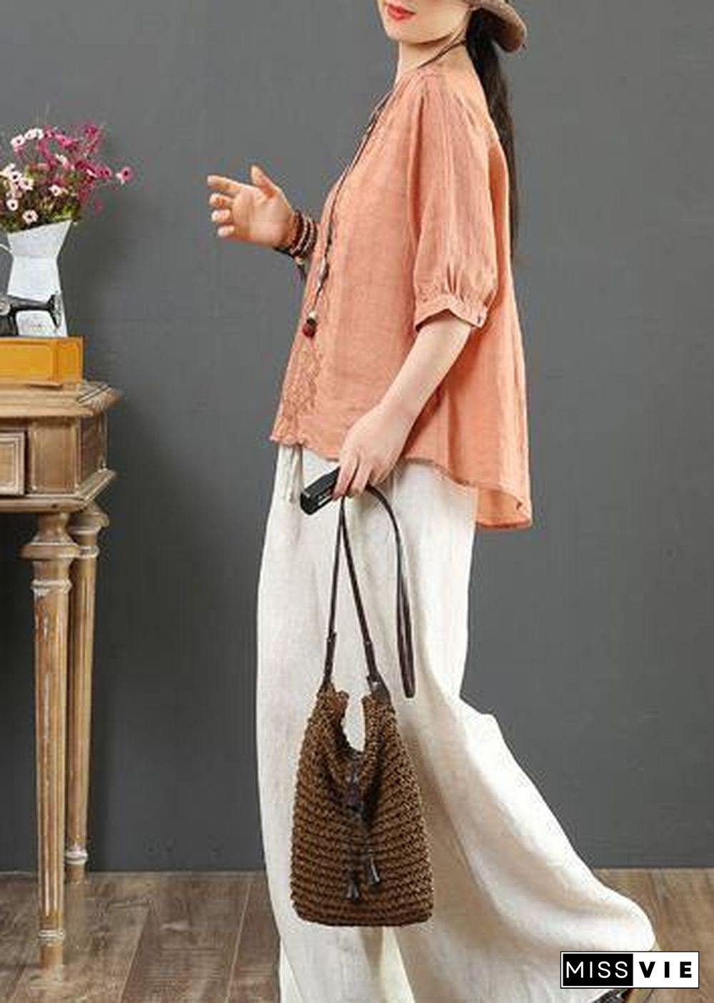 Natural v neck embroidery linen clothes For Women Sleeve orange blouses