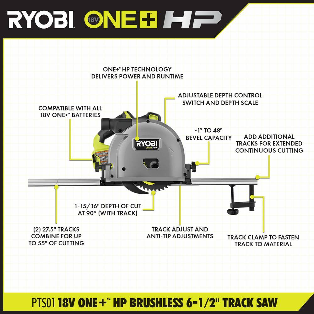 RYOBI ONE+ HP 18V Brushless Cordless 6-12 in. Track Saw (Tool Only) PTS01B