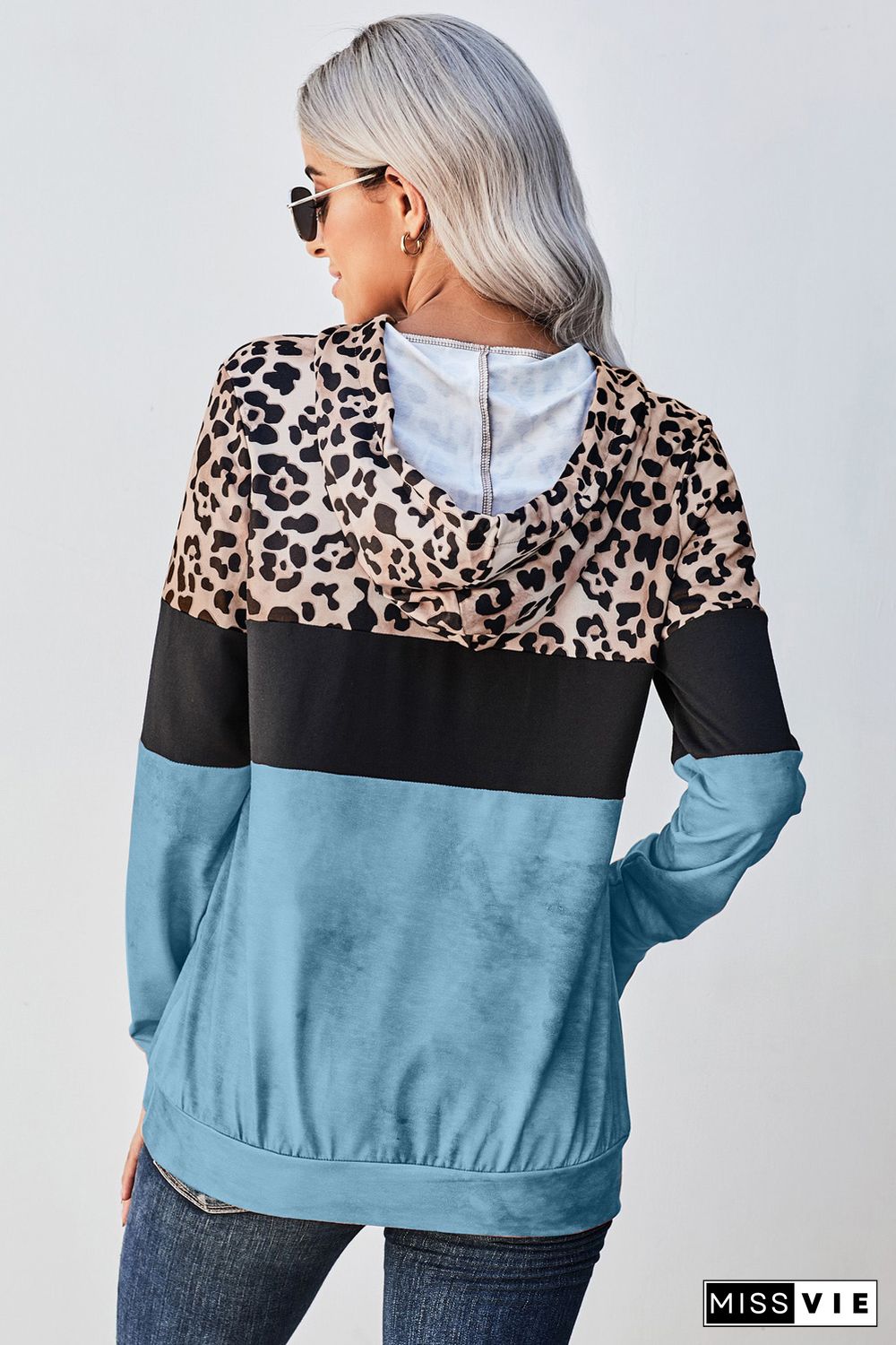 Blue Leopard Tie Dye Colorblock Hoodie